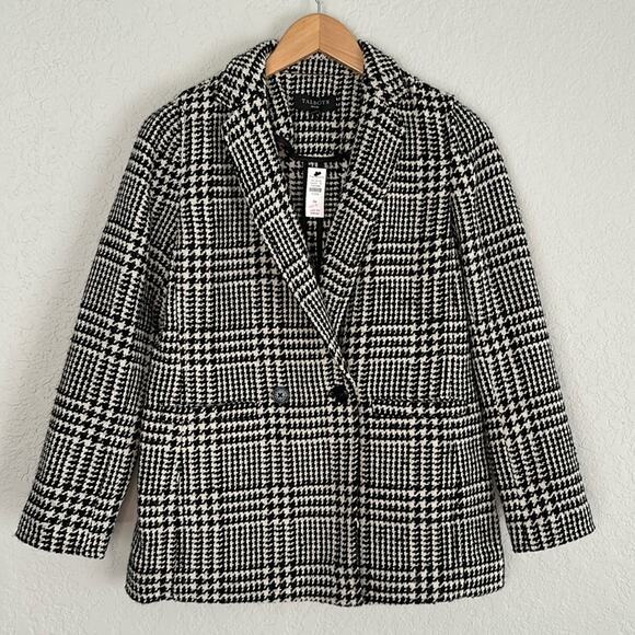 NEW Talbots Wool Houndstooth Jacket Coat Black Plaid Preppy Double Breast Fall - Picture 1 of 8